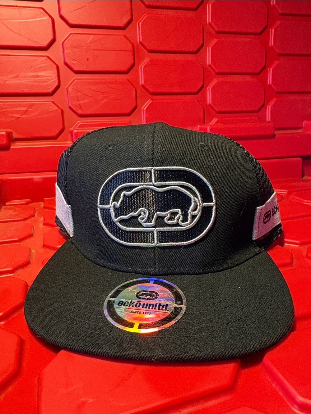 Ecko Unlimited Black Snapback Hat with White Rhino Patch Y2K